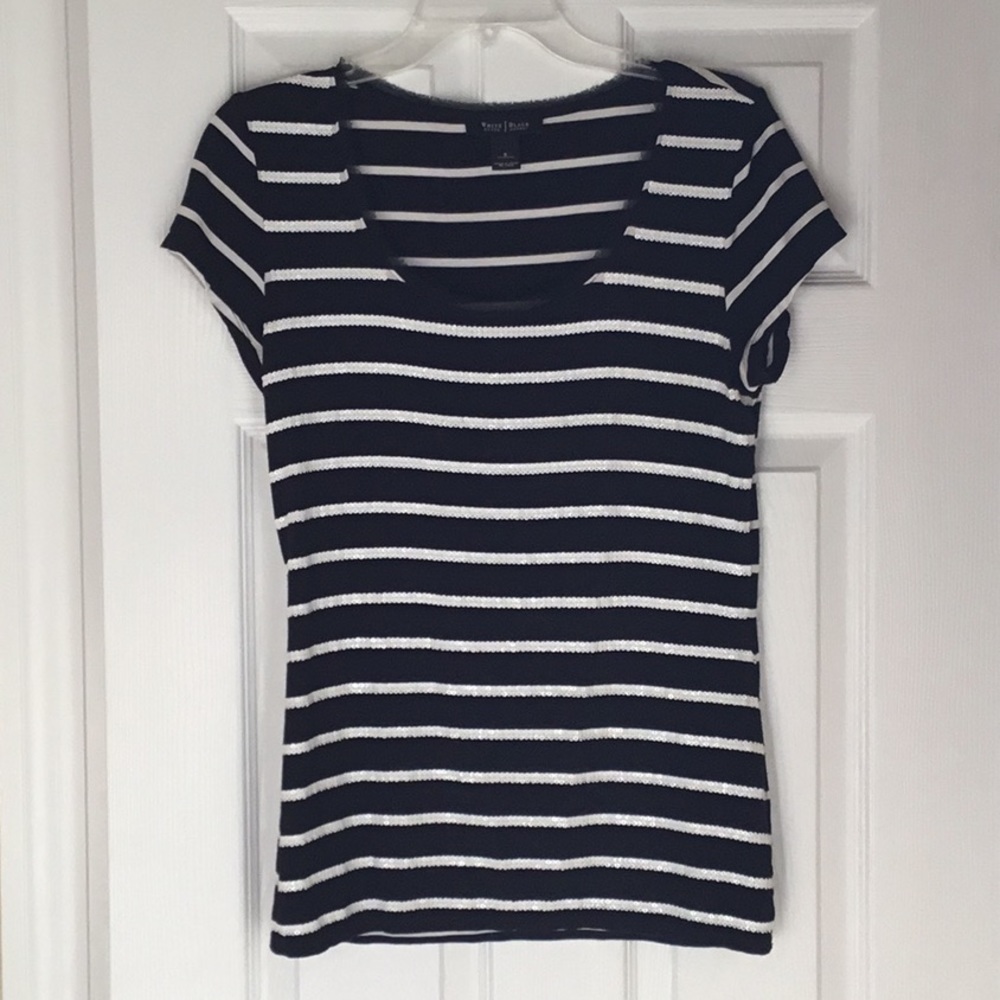 WHBM black with white sequins stripe tee